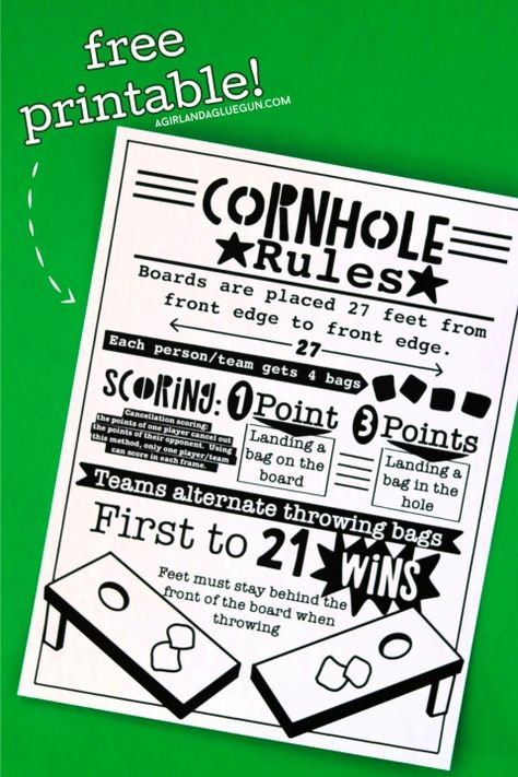 Cornhole rules printable - A girl and a glue gun Cornhole Party Decorations, Cornhole Rules, Cornhole Lights, Adult Activities, Family Games To Play, Cornhole Tournament, Diy Yard Games, Airbnb Decor, Outside Games