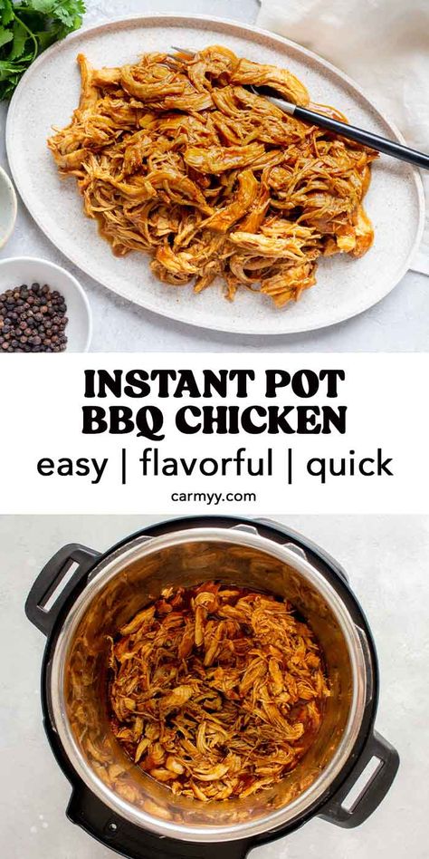 Quick, easy, and flavorful, this saucy Instant Pot BBQ Chicken recipe is perfect for any occasion! This recipe makes for a sweet and tangy fall-apart, tender shredded chicken that’s perfect for sandwiches, salads, BBQ plates, and more. It’s great for feeding a crowd or meal prepping.  Tender, juicy, and flavorful, this instant pot bbq chicken recipe is my go-to whenever I’m not sure what to make! Pressure Cooker Bbq Chicken Shredded, Instapot Barbecue Chicken Recipes, Pulled Chicken Recipe Instant Pot, Bbq Chicken Sandwich Instapot, Instapot Shredded Bbq Chicken Recipes, Instant Pot Chicken Cook Time, Instapot Bbq Shredded Chicken, Instant Pot Chicken Recipes Meal Prep, Instant Pot Bbq Pulled Chicken