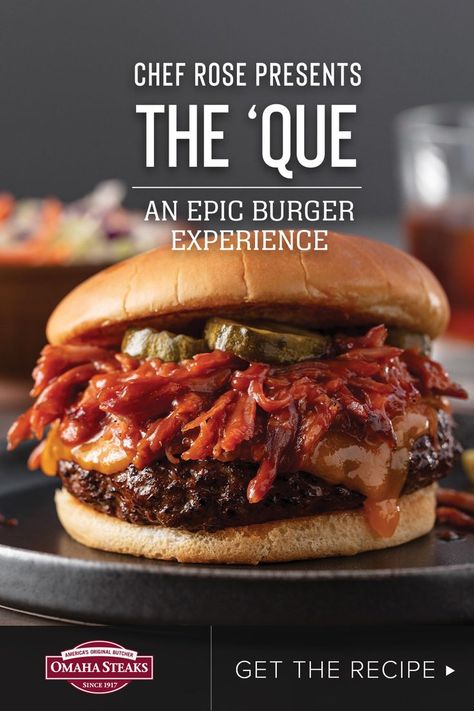 The Que burger combines the smoky, savory flavor and tender consistency of pulled pork with a burger made from 100% single-origin beef brisket, seasoned with a phenomenal dry rub, and topped with creamy and smooth cheddar cheese, what’s not to love? This epic burger delivers a mouthwatering barbeque experience in every bite! Try Executive Chef David Rose's recipe now. Hamburger Sauce, Brisket Burger, Pulled Pork Burger, Gourmet Hot Dogs, Omaha Steaks, Cheeseburger Recipe, Beef Brisket Recipes, Pulled Beef, Rose Recipes