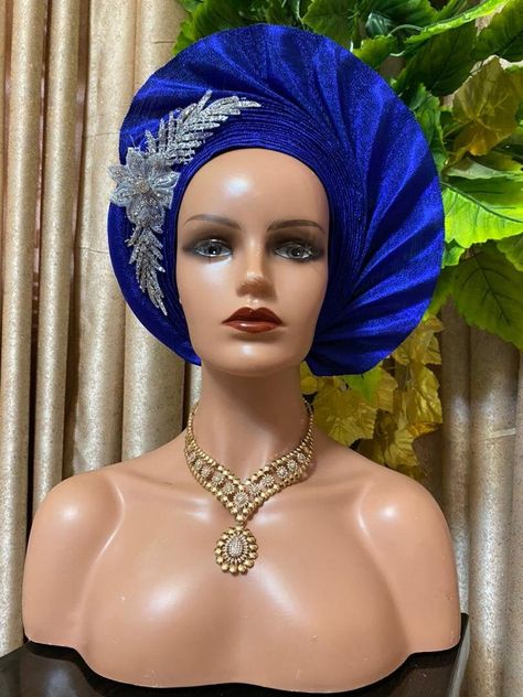 Auto Gele Head Wrap, Blue Nigerian Aso Oke Gele Head Tie, Head Wrap For Black Women, African Head Wrap, Gele Head Wrap by SereneAfrica on Etsy Latest Auto Gele Styles 2024, Auto Gele Styles 2023, Autogele Styles 2023, Autogele Styles, Gele Head Wrap, Nigerian Gele, Gele Styles, African Turban, Traditional Weddings