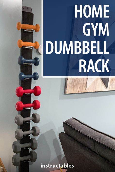 Wall Mounted Dumbbell Storage, Wall Dumbbell Rack, Total Gym Storage Ideas, Dumbbell Wall Rack, Weight Rack Diy Home Gyms, Barbell Storage Ideas, Weight Organization Gym, Dumbbell Holder Diy, Peloton Weight Rack