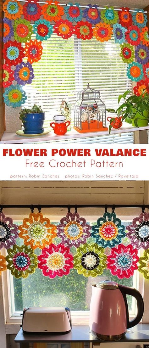 Flower POwer Valance Crochet Patterns Curtains, Granny Square Curtain Free Pattern, Crocheted Window Curtain, Crochet Window Valance Free Pattern, Crochet Flower Home Decor, Crochet Pattern Curtain, Crochet Flower Curtain Pattern Free, Granny Square Valance, Crochet Granny Square Curtain