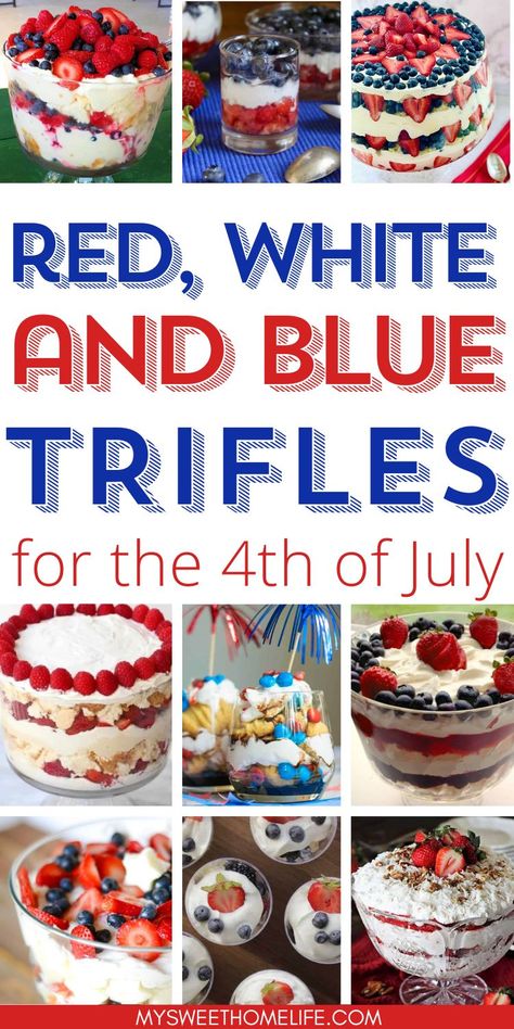 Looking for a patriotic dessert that not only tastes good but looks amazing? Look no further with these red, white and blue trifle recipes perfect for a Memorial Day or 4th of July celebration. 4th Of July Truffle Dessert, Patriotic Trifle Dessert, 4th Of July Trifle Bowl, 4rh Of July Dessert, Red White Blue Desserts Easy, July 4th Trifle Dessert, 4th Of July Trifle Desserts, Desserts For July 4th, Patriotic Desserts Memorial Day