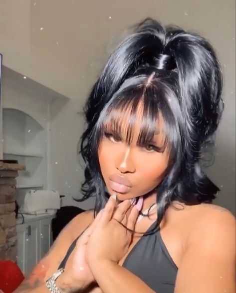 Curtain Bangs Hair Up Do, Birthday Hair Styles Ponytails, Pin Up With Bangs Black Women, Quick Weave Ponytail With Bangs, Feather Bangs Black Women, Ponytail And Bang Black Women, Bang With Ponytail Black Women, Bang With Side Part, Pony Styles Ponytail Hairstyles