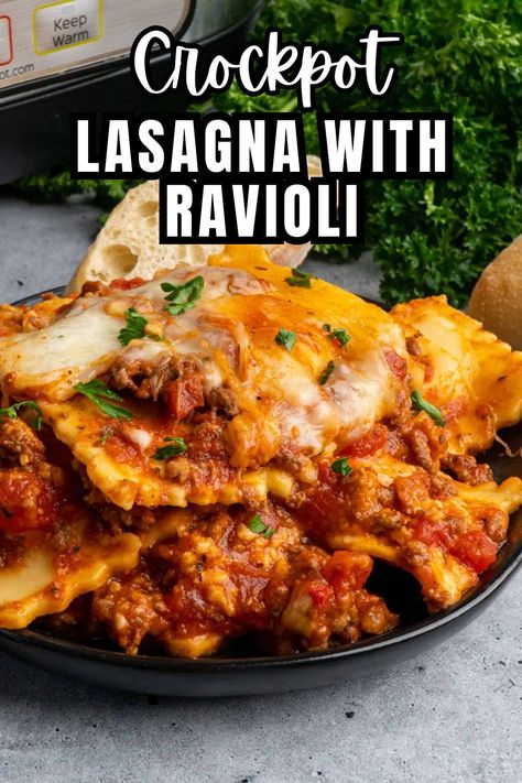 This Crockpot Lasagna with Ravioli is a delicious combination of frozen cheese ravioli, filling ground beef, your favorite spaghetti sauce, canned tomatoes, and the perfect combination of seasonings for a easy crock pot dinner that will quickly be at the top of your list for weeknight dinners. Crockpot Ravioli Lasagna With Ricotta, Crockpot Ravioli Lasagna Crock Pot, Crockpot Tortellini Lasagna, Crock Pot Ravioli Lasagna, Ravioli Lasagna Crockpot, Crockpot Lasagna With Ravioli, Lasagna Crockpot, Crock Pot Ravioli, Crockpot Ravioli Lasagna