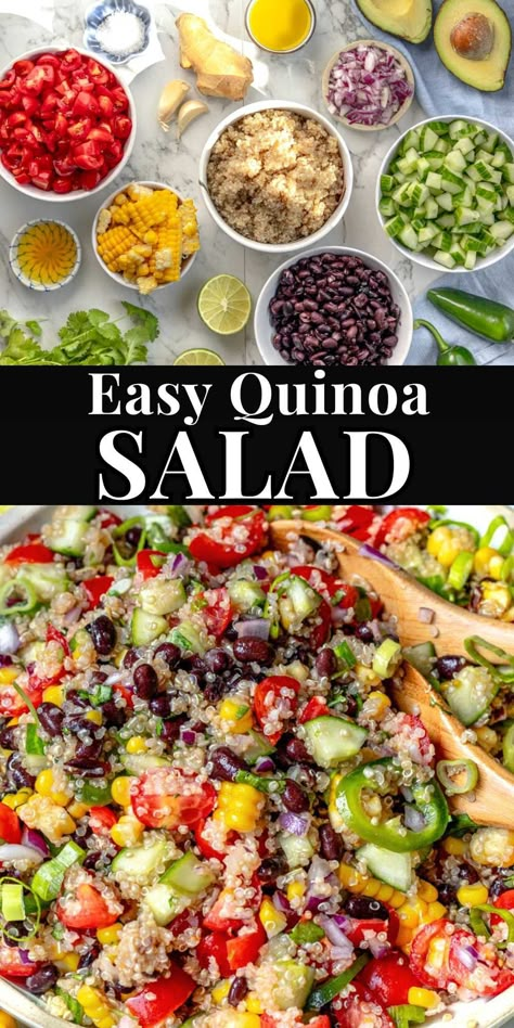 This quinoa salad combines crunchy vegetables, tender black beans, protein-rich quinoa, and bold, tangy cilantro lime dressing into a colorful, bright, and nutritious recipe.Quinoa salad is an excellent main course for a quick lunch or healthy dinner. Wfpb Salad, Quinoa Salad Recipes Cold, Quinoa Salad Dressing, Quinoa Salads, Quinoa Bread, Easy Quinoa Salad, Recipe Quinoa, Crunchy Vegetables, Main Salad