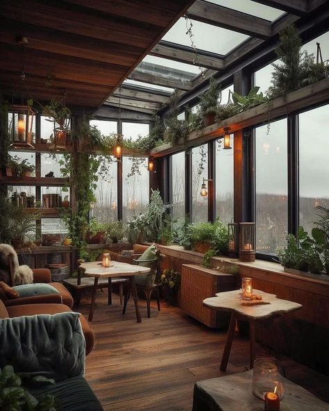 Earthy Sunroom Ideas, Apothecary Sunroom, Green House Apartment, Moody Cozy Aesthetic, Modern Academia Interior Design, Rooftop Library, Earthy Sunroom, Rooftop Sunroom, Moody Sunroom