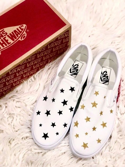 Painted Vans Slip On, Aesthetic Vans, Handmade Stars, Stars Aesthetic, Customized Shoes, Stars Glitter, Painted Shoes Diy, Cute Vans, Mens Vans Shoes