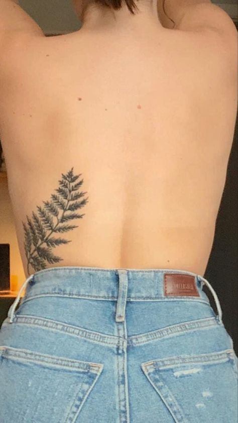 Fern Back Tattoo Women, Nature Lower Back Tattoos, Fern Tattoo Ribcage, Fern Tattoo Neck, Plant Tattoo Side Rib, Thigh Fern Tattoo, Fern Tattoo Ribs, Beargrass Tattoo, Nature Calf Tattoo