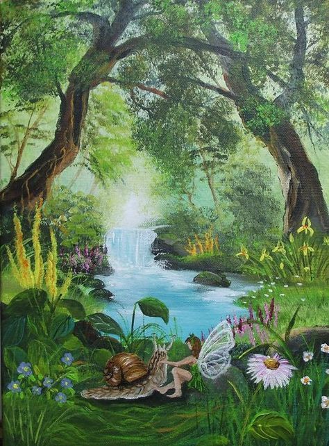 Fairytale Forest Painting, Fairyland Painting Easy, Painting Ideas On Canvas Fairycore, Fairies In Forest, Enchanted Forest Art Illustrations, Woodland Forest Painting, Cute Fairy Garden Drawings, Fairytale Forest Art, Fairy Cottage Painting