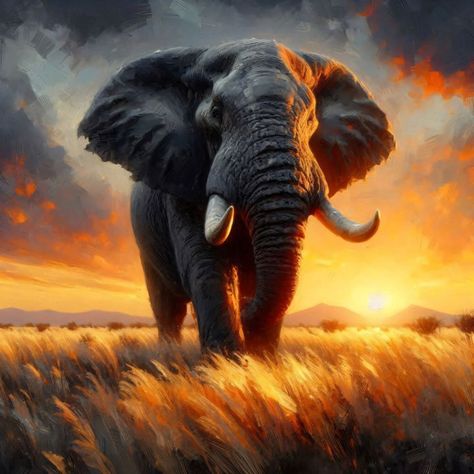 Elephant Bull at Sunrise - Painting - A.D. Visual Sunrise With Mountains, Sun Dawn, Elephant Walking, Light Brush, Bull Elephant, Majestic Elephant, Christ The Redeemer Statue, Reflection Art, Sunrise Painting