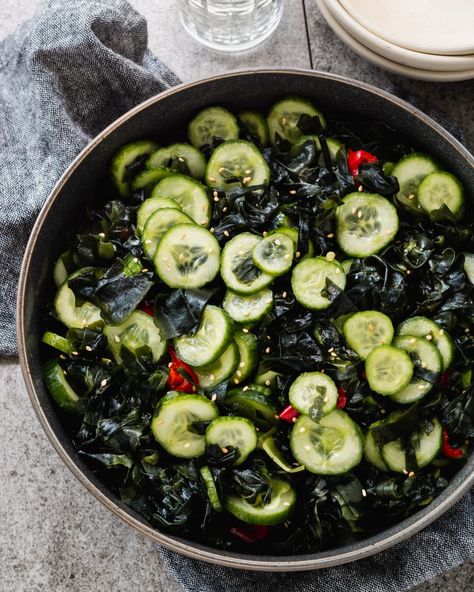 Wakame Seaweed Salad | The Subversive Table Home Korean, Dried Seaweed, Wakame Seaweed, Asian Dinners, Mini Cucumbers, Korean Fried Chicken, Asian Salad, Refreshing Salad, Dinner Inspiration