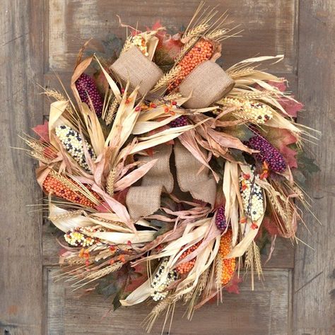 Creative Fall Wreath Ideas Indian Corn Wreath, Gem Corn, Corn Decor, Glass Gem Corn, Roadside Stand, Corn Wreath, Happy Hallow, Autumn Florals, Apple Wreath