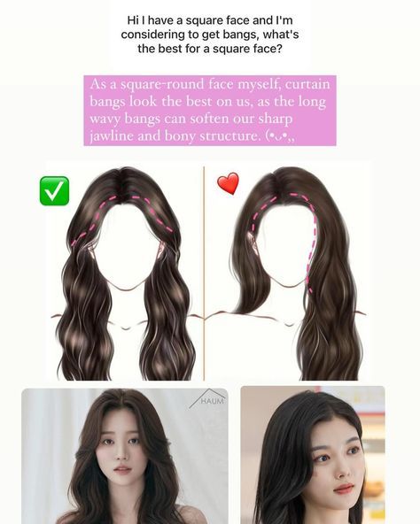 Haïr Style For Square Face, Haircut For Square Face Shape For Women, Curtain Bangs On Round Face, Hair For Square Face Shape, Square Face Shape Hairstyles, Heart Face Shape Hairstyles, Bangs For Square Face, Hairstyle For Square Face, Korean Curls