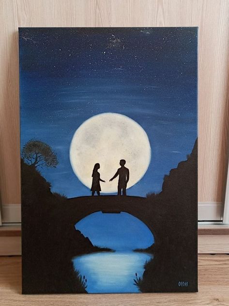 Romantic Painting Ideas Easy, Simple Romantic Painting, Romantic Easy Paintings, Relationship Paintings, Silhouette Painting Acrylic, Obraz Diy, Diy Crafts To Do At Home, Crafts To Do At Home, Love Canvas Painting