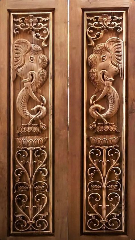 Main Door Design With Elephant, Elephant Door Design, Carving Door Design Entrance, Main Double Door Design Wood, Indian Main Door Designs, Mandir Door, Main Door Design Photos, Thermocol Craft, Temple Door