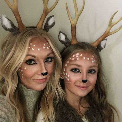 Kids Deer Face Paint, Rudolph Costume Kids, Easy Reindeer Costume, Deer Costume Ideas For Women, Homemade Deer Costume Women, Simple Reindeer Makeup, Sven Costume Diy Women, Deer Makeup Halloween Kids, Rudolph Costume For Women