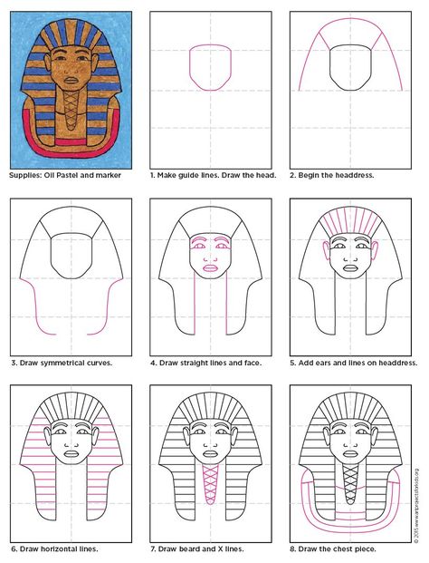 King Tut how to draw instructions. Colored in with oil pastels. Great for ancient Egyptian history. Egyptian Bulletin Board Ideas, Ancient Egypt For Kids, Ancient Egypt Unit, History Lessons For Kids, Egyptian Crafts, Ancient Egypt Projects, Drawing Tut, Egypt Crafts, Imperiul Roman