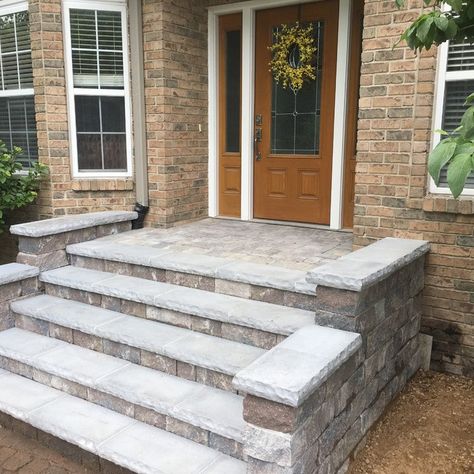 Landscape Front Entry Door Steps Grand Rapids, MI - Traditional - Entry - Grand Rapids - by Platinum Ponds & Landscaping | Houzz Front Porch Stone Steps, Front Porch Stone, Front Entry Door, Front Porch Steps, Front Door Steps, Front Stairs, Brick Steps, Modern Front Yard, Exterior Stairs