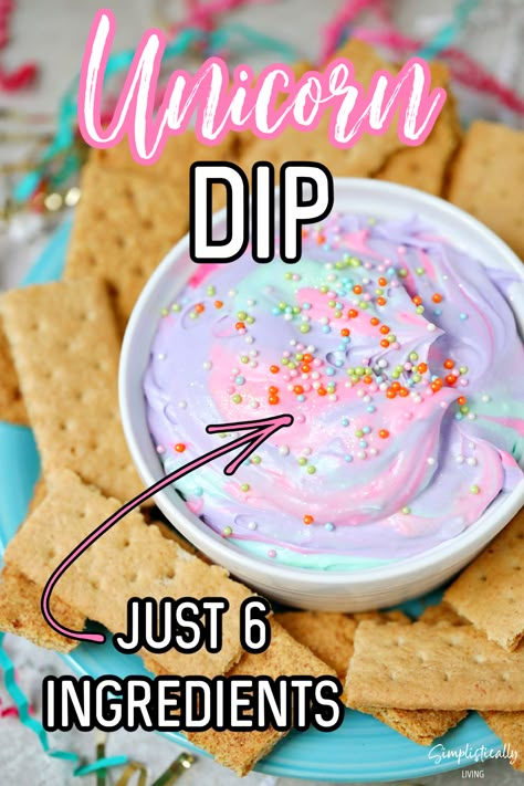 Unicorn Dip in a bowl Unicorn Mimosa Bar, Unicorn Two Year Old Birthday Party, Unicorn Themed Treats, Easy Unicorn Party Ideas, Unicorn Taco Party, Unicorn Pasta Salad, Sweet And Seven Birthday, Unicorn Dip Recipes, Unicorn Birthday Snack Ideas