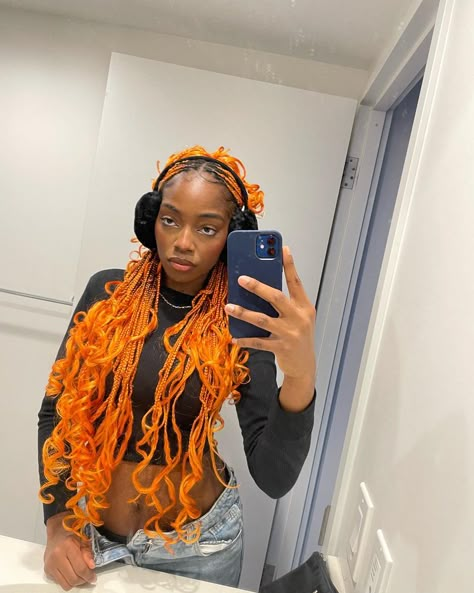 Black girl with ginger braids,winter aesthetic Neon Orange Braids, Orange Braids With Curls, Light Ginger Braids, Orange Braids Black Women, Black And Orange Braids, Orange Braids For Black Women, Orange Knotless Braids, Orange Box Braids, Orange Hairstyles