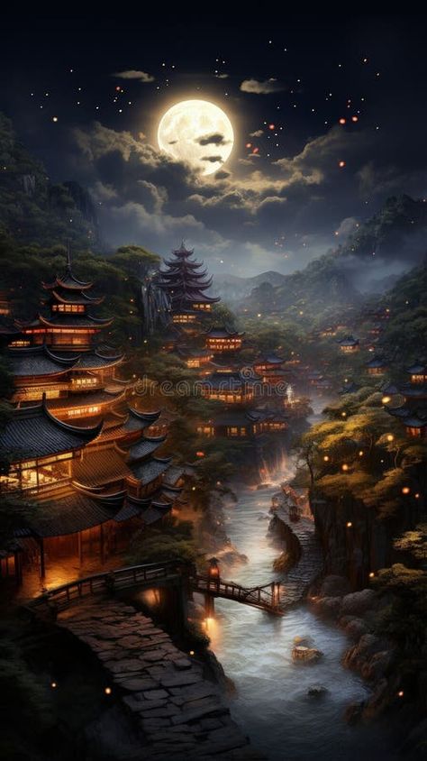 Ancient village of China, beautiful scene, scenery landscape, Chinese lanterns authentic architecture, houses, mystical royalty free stock photograp Chinese Village House, Chinese Village Art, Landscape China, Chinese Fantasy Art Landscape, China Village, Chinese Fantasy Art, Chinese Village, Chinese Culture Aesthetic, Ancient China Aesthetic