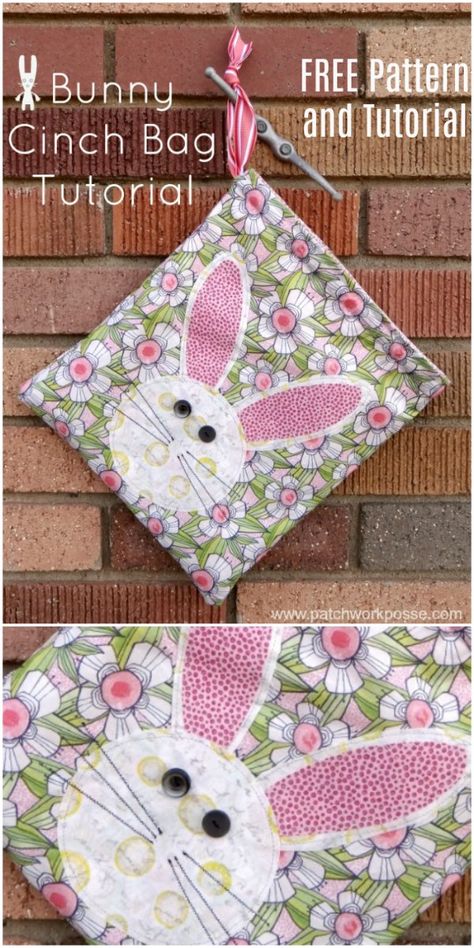 Free Applique Patterns, Easter Bags, Bunny Bags, Cinch Bag, Modern Bag, Sewing Tutorials Free, Easter Projects, Bag Tutorial, Diy Sewing Pattern