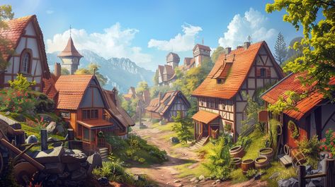 Medieval Village Concept Art, Village Concept Art, Lineage 2, Monster Manual, Pathfinder 2e, Dnd Inspiration, Fantasy Village, Advanced Dungeons And Dragons, Medieval Village