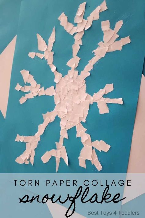 An easy winter project to make with your toddlers and preschoolers - torn paper snowflake collage. This simple winter process art project works wonders for fine motor skills, hand-eye coordination, concentration and other skills young children need to conquer before they start attending the school! #winter #wintercraft #easycraft #processart #sensoryplay #snowflakes #toddleractivities #preschoolactivities #besttoys4tots #winterart Snowflakes Art For Toddlers, Snowflake Projects For Toddlers, Snowflake Toddler Activities, Catching Snowflakes Art Project, Snowflake Process Art, Snowflake Outline, Winter Sensory Bin, Winter Crafts For Toddlers, How To Make Snowflakes