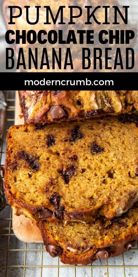 This pumpkin chocolate chip banana bread is delectable. The only thing that could make banana bread and pumpkin bread better is chocolate! This quick bread is super moist and flavorful. Pumpkin Banana Chocolate Chip Bread Recipes, Pumpkin Chocolate Chip Banana Bread, Pumpkin Banana Chocolate Chip Bread, Banana Pumpkin Chocolate Chip Bread, Banana Pumpkin Bread Recipe, Cinnamon Banana Bread Recipe, Chocolate Chip Quick Bread, Banana Bread Coffee Cake, Super Moist Banana Bread Recipe