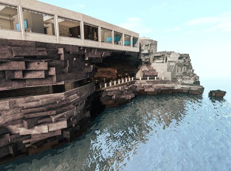 Bloxburg Cliffside House, Bloxburg Italian House, Bloxburg Boat, Italian Cliffside, Bloxburg Hotel Exterior, Bloxburg Hotel Ideas, Hotel Bloxburg, Cliffside House, Welcome To Bloxburg