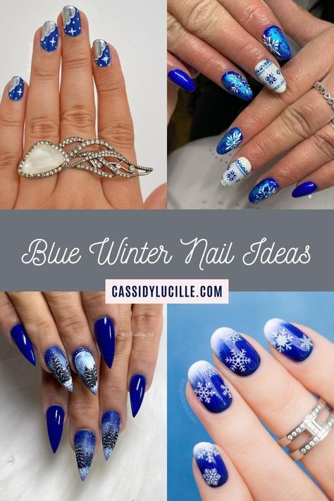 Discover chic blue winter nail ideas that go beyond traditional holiday hues. These blue snowflake holiday nails are the epitome of sophistication for the season. Tap to see these creative blue winter nail ideas now! Blue Winter Nail Designs Simple, White And Blue Nails Christmas, January Nail Designs Blue, Cute Nail Ideas Winter, Blue Snowflake Nails Short, Blue Winter Nail Designs Snowflakes, Royal Blue Winter Nails, Snowflake Acrylics, Winter Nail Designs Blue