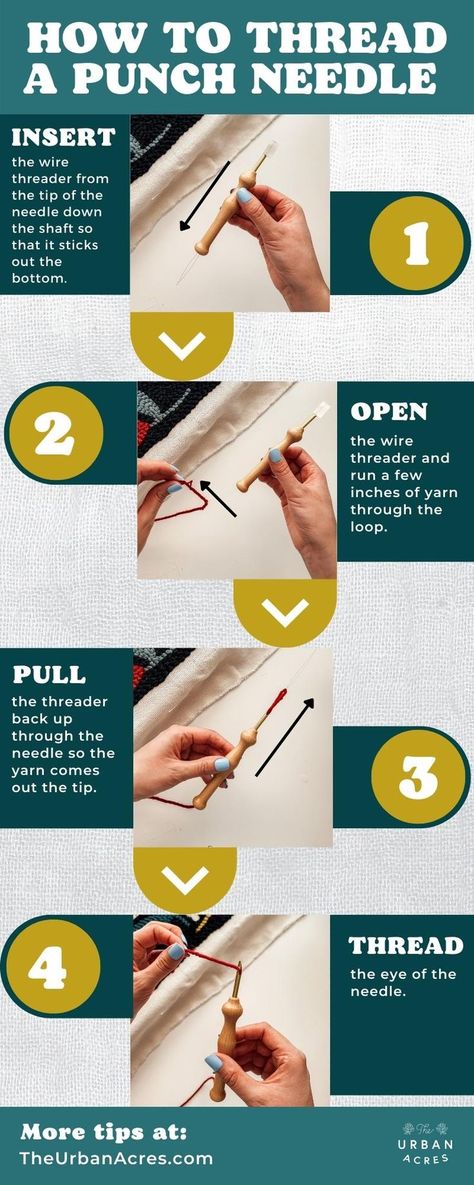 Follow these 4 steps to thread a punch needle! Punch Needle Step By Step, How To Thread Embroidery Needle, Punch Needle Embroidery Ideas, How To Punch Needle, Punch Needle Ideas Free Pattern, Punchneedle Patterns Free, Punch Needle Templates, Punch Needle Patterns Free Printable, Punch Needle Diy