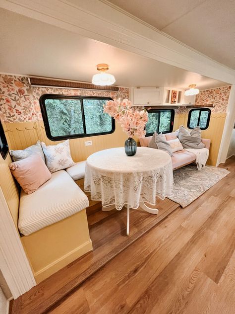 Camper Dining Booth Remodel, Rv Wallpaper, Rv Inspiration, Dining Booth, Rv Interior Remodel, Camper Interior Design, Airstream Remodel, Camper Trailer Remodel, Dark Green Walls