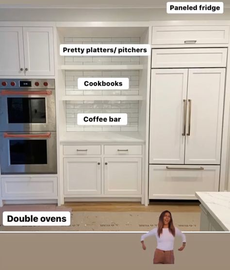 Open Shelving In The Kitchen By Fridge, Fridge And Ovens On Same Wall, Double Oven Kitchen Layout Farmhouse, Double Oven Wall Layout, Modern Double Oven, In The Wall Oven, Kitchen Remodel Double Oven, Wall Oven And Microwave Next To Fridge, Double Wall Ovens Ideas Layout