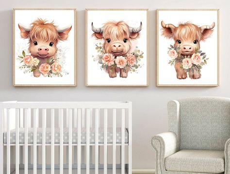 Cow Themed Nursery Overstock, Highland Cow Nursery Gender Neutral, Sunflower And Farm Animal Nursery, Nursery Art Prints Cow, Cows And Flowers Nursery, Highland Cow Nursery, Farm Animal Nursery Decor, Highland Cow Pictures, Calf Cow