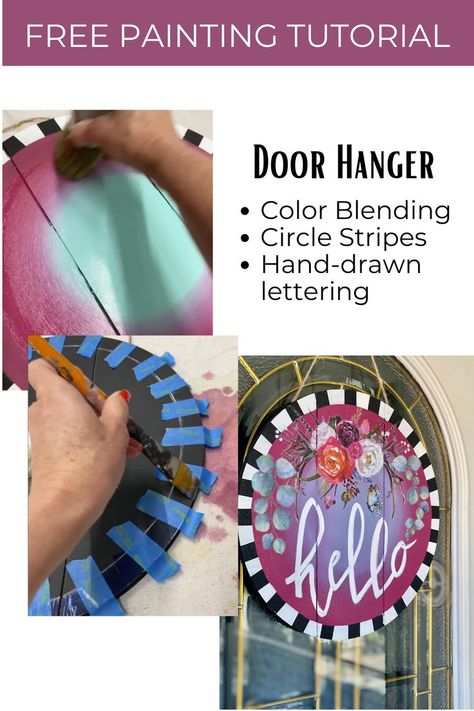 In this Painting Tutorial video, I show how I created this whimsical door round and you'll learn: ✔ How to Courtly check pattern a circular piece ✔ Best technique for color blending ✔ Hand-drawn lettering #traceysfancy #doorhanger You'll also get the full paint supply list and everything you need to know to paint your own door hanger. Painting Door Hangers Tutorial, Whimsical Door Hangers, Round Painted Door Hanger, Diy Painted Signs, Whimsical Door, Furniture Painting Tips, Whimsical Painted Furniture, Wood Wreath, Furniture Painting Techniques