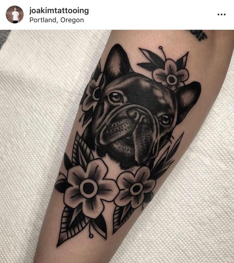 American Traditional Pet Tattoo, American Traditional French Bulldog Tattoo, American Traditional Dog Portrait, Dog American Traditional Tattoo, Black Dog Traditional Tattoo, Old School Dog Tattoo, Dog Traditional Tattoo, Frenchie Traditional Tattoo, Traditional Style Dog Tattoo