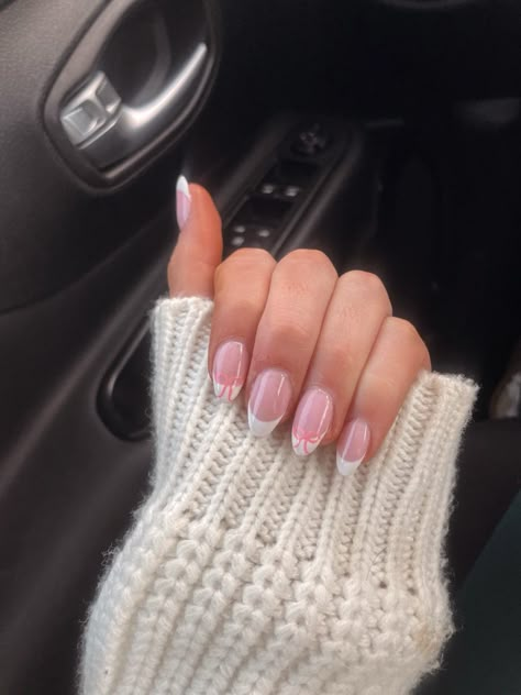 Girly pink coquette french bow nails Coquette French, Classy Almond Nails, Pink French Nails, Bow Nails, New Years Nail Designs, Graduation Nails, French Nail Designs, Almond Nail, Pink Coquette