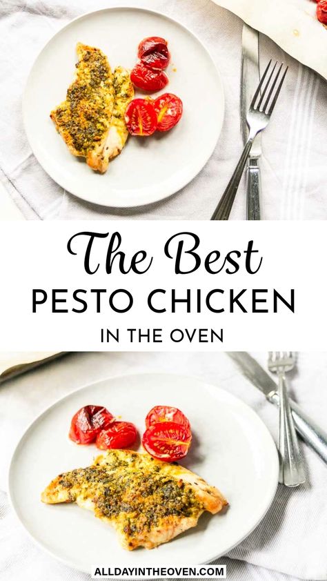 Pesto Chicken Breast Baked Oven Pesto Chicken, Pesto Recipes Healthy, Chicken Dinner Oven, Chicken Pesto Recipes Healthy, Oven Baked Pesto Chicken, Oven Breaded Chicken, Baked Chicken Pesto, Pesto Chicken Recipes, Pesto Baked Chicken