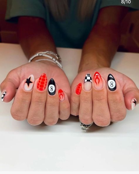 Harley Davidson Nails Designs Art Ideas, Nail Ideas Acrylic Western, Acrylic Nails With Different Designs On Each Nail, Fun Retro Nails, Super Fun Nails, Funky Nails With Gems, West Coast Nails, Red White And Blue Aura Nails, Jessie Murph Nails