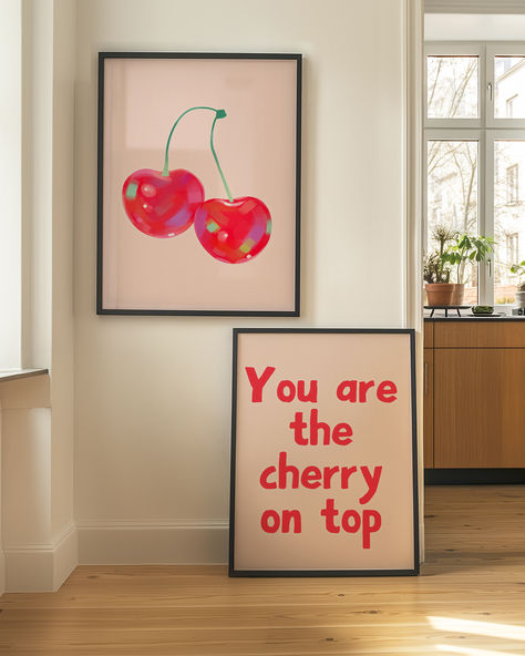 Bring a touch of sweetness to your space with this charming cherry-themed printable wall art set 🍒. Perfect for kitchens, nurseries, or any room that needs a pop of color. Simply download, print, and frame for an instant decor upgrade!  cherry printable wall art, kitchen decor, cherry on top quote, nursery wall art set, printable cherry artwork,  instant download prints, cute cherry decor Cherry Quotes, Cherry Wall Art, Quote Illustration, Fun Kitchen, Kitchen Prints, Cherry On Top, Room Posters, Wall Art Printable, Nursery Themes