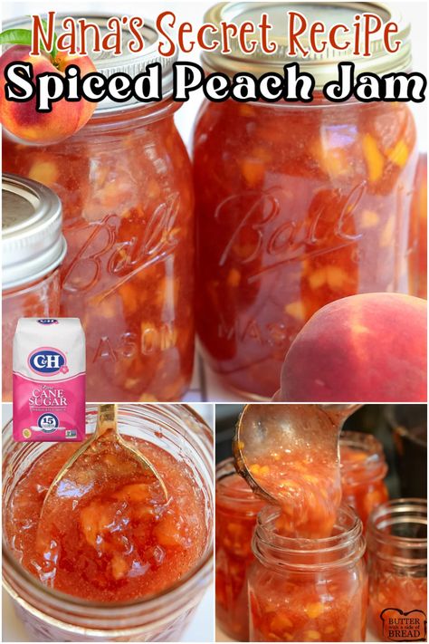 BEST SPICED PEACH JAM RECIPE - Butter with a Side of Bread Peach Preserves Recipe, Spiced Peach Jam, Peach Freezer Jam, Jam Butter, Canning Jam Recipes, Peach Jam Recipe, Spiced Peaches, Peach Butter, Canning Peaches