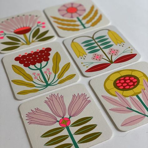 "Coaster Set for Nucleus Portland Salut!6 Show" by Mary O'Malley, Artist | Other Projects Ceramic Mural Art Ideas, Pottery Painting Floral, Coaster Illustration, Floating Nightstand Ideas, Modern Floating Nightstand, Nightstand Ideas, Floral Folk Art, Coaster Art, Folk Art Flowers