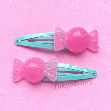 Set of  2 Candy Hair Clips Each candy has little flex of glitter. Each candy comes attached to a mint clip. Comes with 2 clips. Measures about 2.5 inches each. If you have any questions please message me! Kawaii Items Products, Mint And Pink Aesthetic, Pink And Mint Aesthetic, Decora Hair Clips, Cutecore Accessories, Y2k Hair Clips, Candy Hair Clips, Decora Hair, Aesthetic Mint