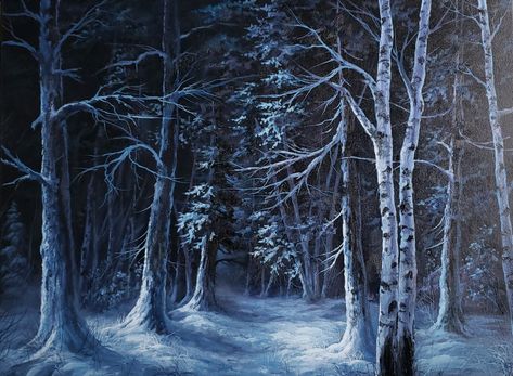 NEW VIDEO! This week I painted a winter night time forest landscape. I can't wait to see your version! Check out the video on YouTube. Paintings Of Night Scenes, Night Time Forest, Winter Night Landscape, Kevin Hill Paintings, Winter Forest Painting, Hill Painting, Kevin Hill, Fantasy Winter, Winter Scene Paintings