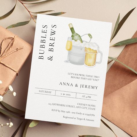 Bubbles And Brews Before The I Dos, Bubbles And Brews Couples Shower Ideas, Bridal Shower Ideas Brunch, Bubbly Bridal Shower Ideas, Brunch Potluck Ideas, Bubbles And Brunch, Couples Wedding Shower Themes, Modern Minimalist Invitation, Couples Shower Themes