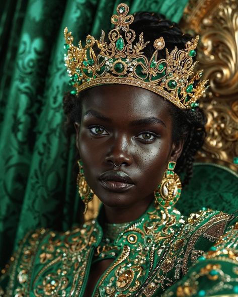 Gold Crown Aesthetic Queen, African Crown Queens, African Queen Aesthetic, African Queen Outfit, African Princess Aesthetic, Black Egyptian Queen, Black Royalty Aesthetic, Afro Steampunk, Chacter Inspiration