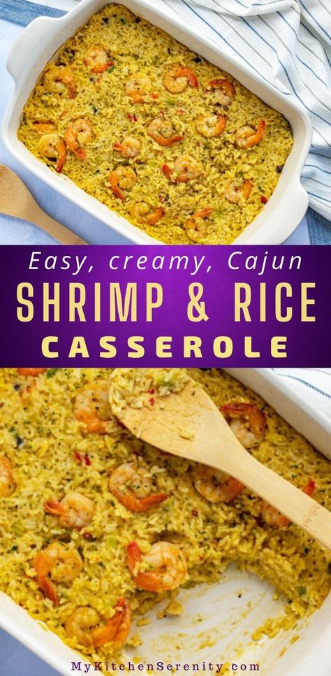 This easy shrimp casserole is an old family favorite. A delicious one-pot, one-pan meal with shrimp, cream of mushroom soup, cheddar cheese soup, cooked rice, and Cajun seasoning. The best shrimp and rice bake! Ready to serve in about 50 minutes. Cajun Shrimp And Rice Recipes Easy, Dump And Bake Shrimp And Rice Casserole, Cajun Shrimp Casserole, Cheesy Shrimp And Rice, Cream Of Shrimp Soup Recipes Campbells, Baked Shrimp And Rice Recipes, Shrimp And Rice Casserole Recipes, Shrimp And White Rice Recipes, Seafood Rice With Crab And Shrimp