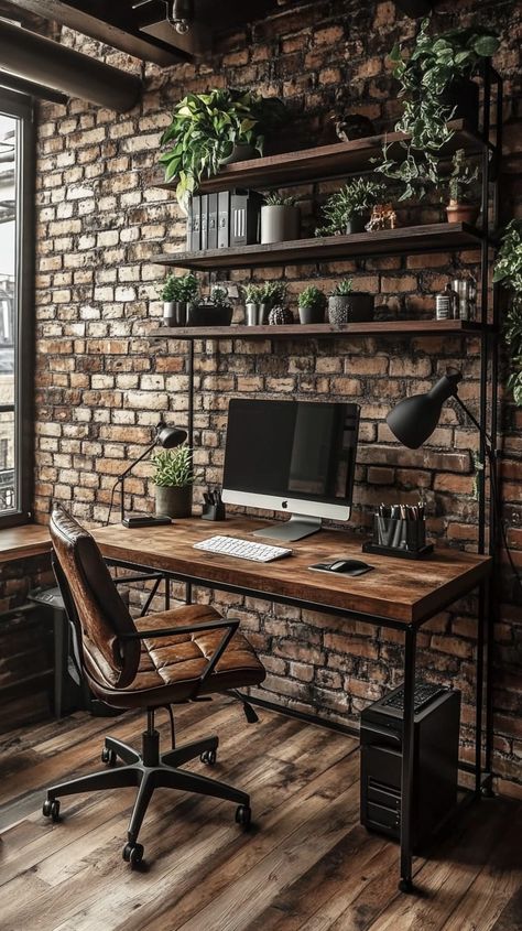 Industrial-style home office featuring a brick wall, desk with computer, shelves with plants, and leather chair. Mountain Lodge Bedroom, Modern Industrial Home Office, Farmhouse Home Office Ideas, Dream Room Ideas, Industrial Farmhouse Home, Stylish Shelves, Industrial Home Office, Modern Industrial Home, Lodge Bedroom